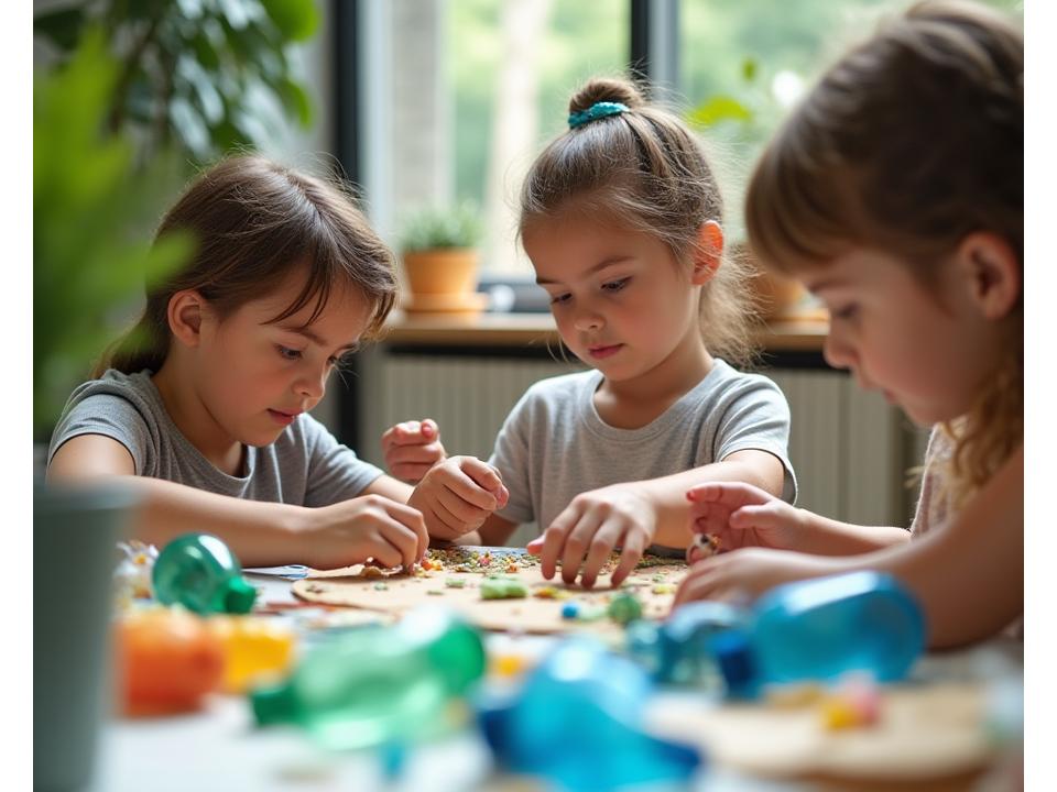 बच्चे इको-फ्रेंडली अपसाइक्लिंग प्रोजेक्ट्स बनाते हुए