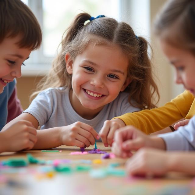 बच्चे खुशी से कला गतिविधियों में भाग लेते हुए