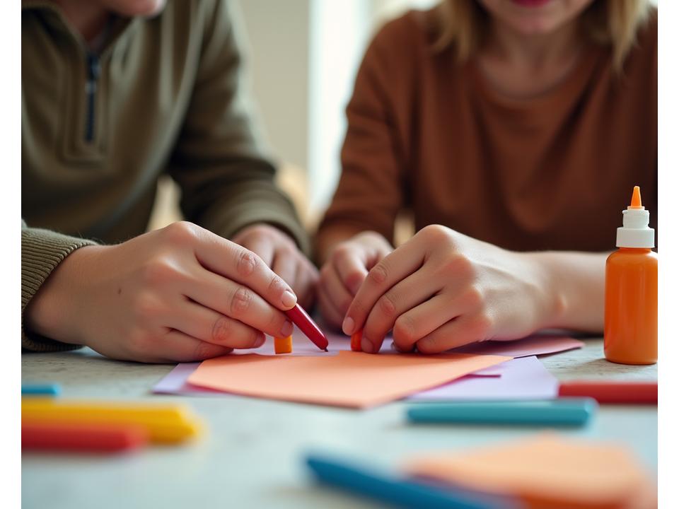 माता-पिता और बच्चे मिलकर कला गतिविधियों में भाग लेते हुए