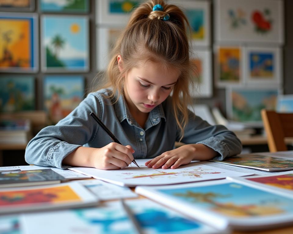 युवा कलाकार अपने पोर्टफोलियो पर काम करते हुए